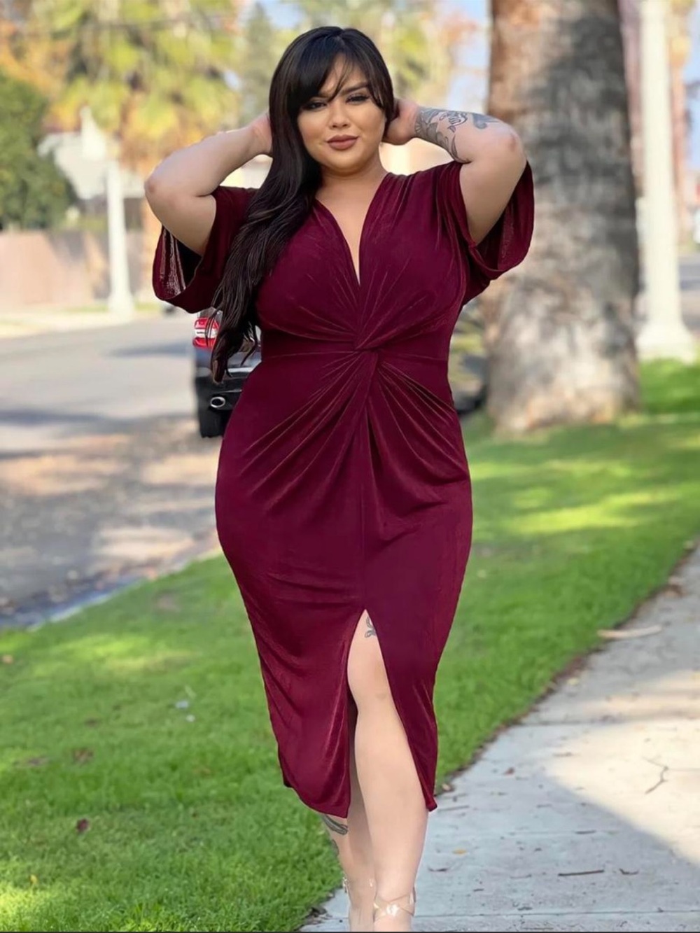 Fashion Nova Burgundy Twist-Front Midi Dress